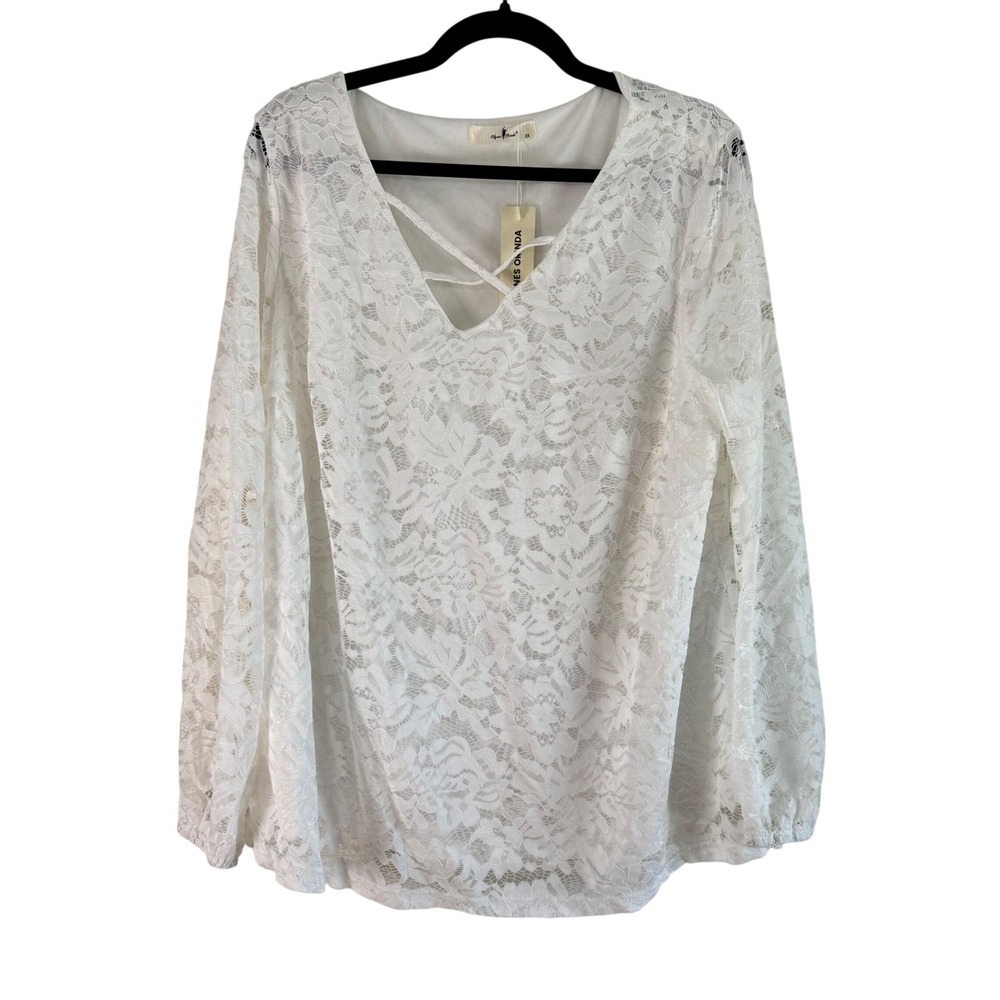 Agnes Orinda Lace Blouse Criss Cross V Neck Long Sleeve Top‎ White 2X